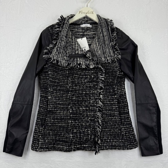 Vince Tweed Leather Moto Jacket Black White Fringe Womens Size M - Picture 1 of 10
